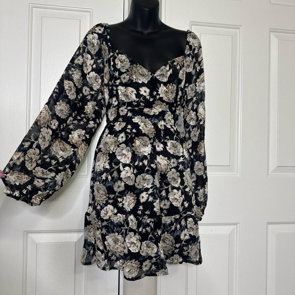Altar’d State Lola Black Floral Chiffon Mini Dress Tie Back M New